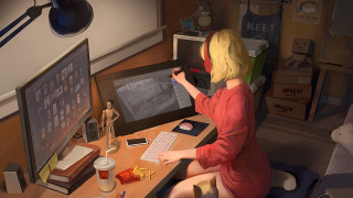 Girl desktop artist blonde cat - a girl sitting free wallpaper