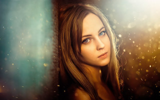 Blue eyes woman bokeh light - photorealistic portrait free wallpaper for desktop