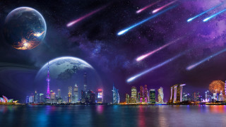 City skyline stars aurora moon - the sky above free wallpaper for desktop