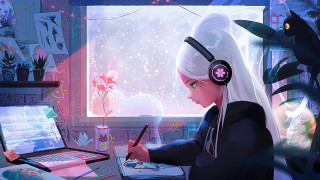 Girl headphones writing cat window - atey ghailan free wallpaper for desktop