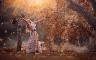 Forest autumn leaves woman dress - a woman in a dress and hat free wallpaper