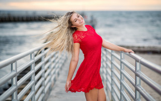 Woman red dress water smiling - anna maria barbara abesch free wallpaper