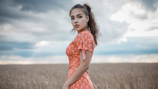 Woman dress field cloudy sky - a woman in a dress free wallpaper for desktop