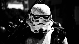Stormtrooper gun helmet walking street - a helmet free wallpaper