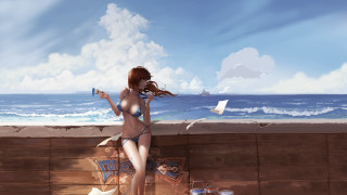 Woman bikini ocean lake dock - chen chun free wallpaper