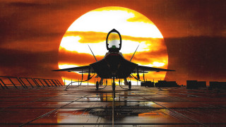 Fighterjet runway sunset cityscape night - outrun free wallpaper