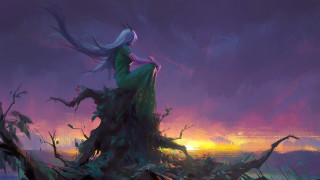 Woman green dress sunset tree - a tree stump free wallpaper for desktop