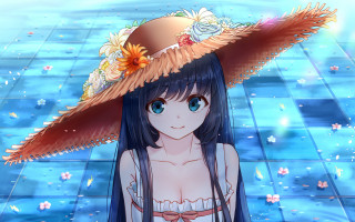 Woman hat feathers dress pool - summer free wallpaper