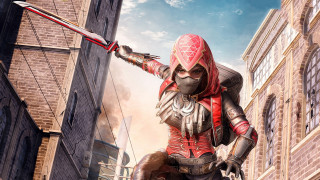 Red outfit sword cityscape armor - a character free wallpaper