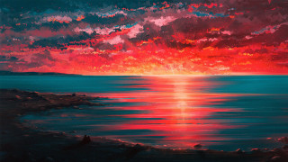 Sunset water red sky clouds - a boat in the distance free wallpaper