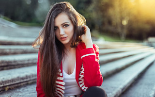 Woman steps wind red jacket - the step free wallpaper