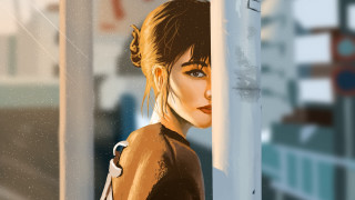 Woman leaning pole aurora fireworks - atey ghailan free wallpaper for desktop