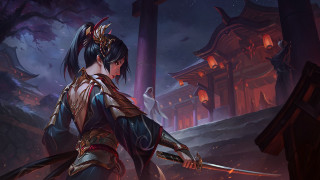 Dark oriental woman sword pagoda - a dark sky in the background free wallpaper