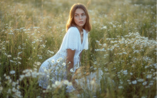 Woman flowerfield white dress outdoors - a woman in a field of flowers free wallpaper