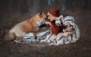Woman dress petting dog woods - artur tarnowski free wallpaper