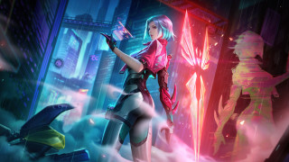Futuristic city woman bluehair cyberpunk - her hand and a man in a suit free wallpaper