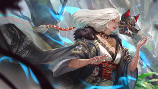 White haired woman dragon head - her hand and a dragon free wallpaper