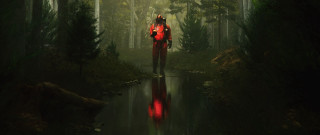 Man red suit forest outdoors - ultra realistic digital art free wallpaper for desktop