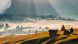 Mountain house trees sunset river - a house and trees free wallpaper