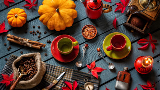 Coffee cups spoons seeds candle - professional food photography free wallpaper