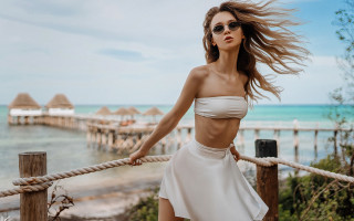 Woman white bikini ropes ocean - fashion photography free wallpaper