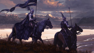 Knights horses flags mountains cloudy - flag free wallpaper
