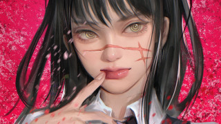 Woman black hair pink background - holding free wallpaper for desktop