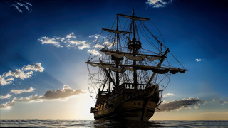Sailing ship ocean sunset clouds - photoreal free wallpaper