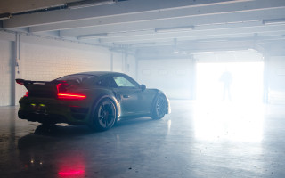 Garage hologram rain vroom anamorphic - a white brick wall free wallpaper for desktop