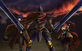 Anime couple swords fire sky - a castle in the background free wallpaper