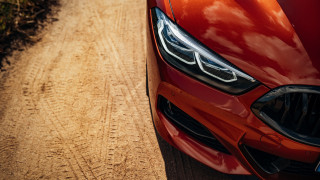 Red car dirt road forest - a few leaf free wallpaper for desktop