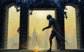 Man suit sword doorway yellow - a black suit holding free wallpaper