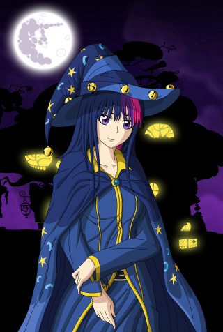Woman blue costume hat stars - free halloween wallpaper for mobile