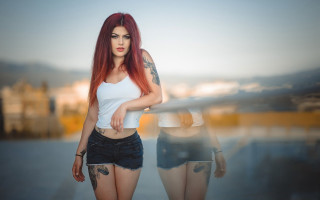 Red hair tattoos beach portrait - a tattoo free wallpaper for desktop