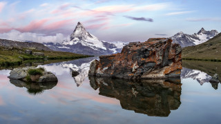 Mountain lake rock sky fantasy - photograph free wallpaper for desktop