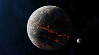 Red planet with moon and - in the middle of the image free wallpaper