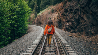 Woman traintracks woods backpack tiltshift - the wood free wallpaper