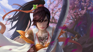 Woman sword flower white dress - a green bow free wallpaper for desktop