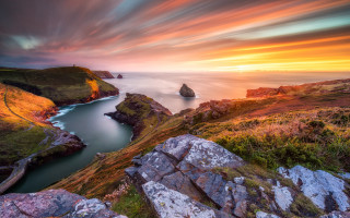 Sunset water rocks grass forest - rock and grass free wallpaper