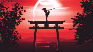 Woman sunset torii autumn leaves - a red sky free wallpaper