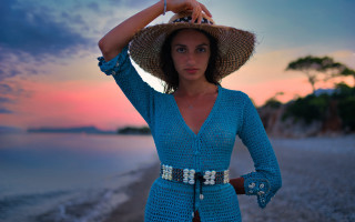 Woman blue dress straw hat 2 - ektachrome photograph free wallpaper for desktop