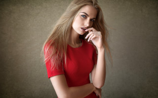 Woman red dress portrait blonde 2 - her cheek free wallpaper for desktop
