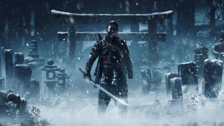 Snowy shrine man sword outdoors - a black outfit holding free wallpaper