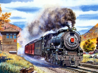 Train smoke tracks building painting - the track free wallpaper