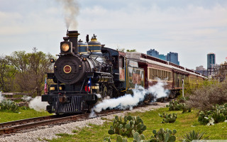 Train cactus garden city skyline - american impressionism free wallpaper