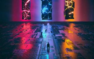 Cyberpunk man walking city lights - electronic free wallpaper