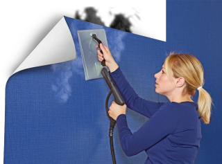Woman steam wand cleaning wall - a white background behind her free wallpaper