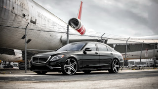 Black mercedes plane runway cloudy - a runway free wallpaper