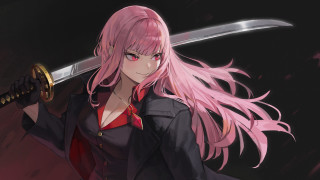 Pink hair woman sword black - pink hair holding free wallpaper