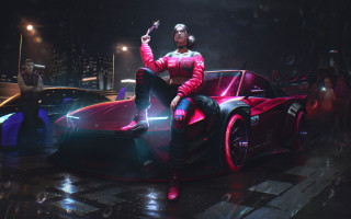 Futuristic car rain night cyberpunk - synthwave style free wallpaper for desktop